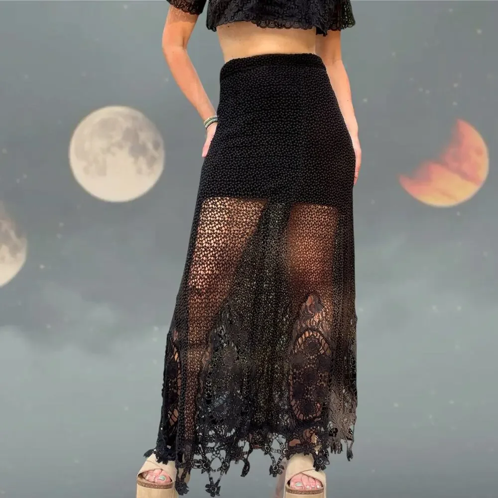 Free People Black Crochet Lace Maxi Skirt Sheer Fairy Grunge Boho